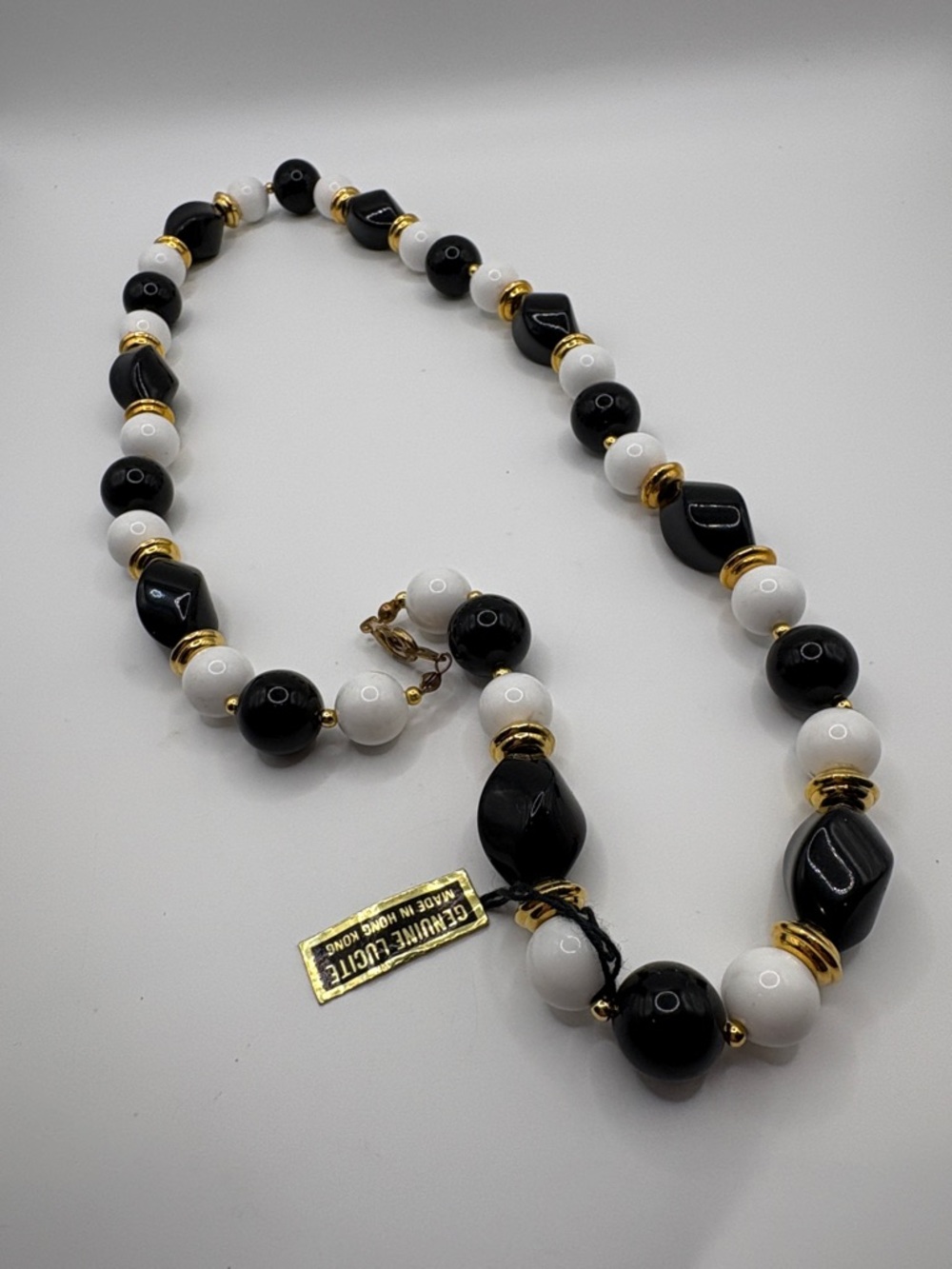 Vintage 22” Single Strand of Lucite Beads Black and White  Gold Accents NWOTS